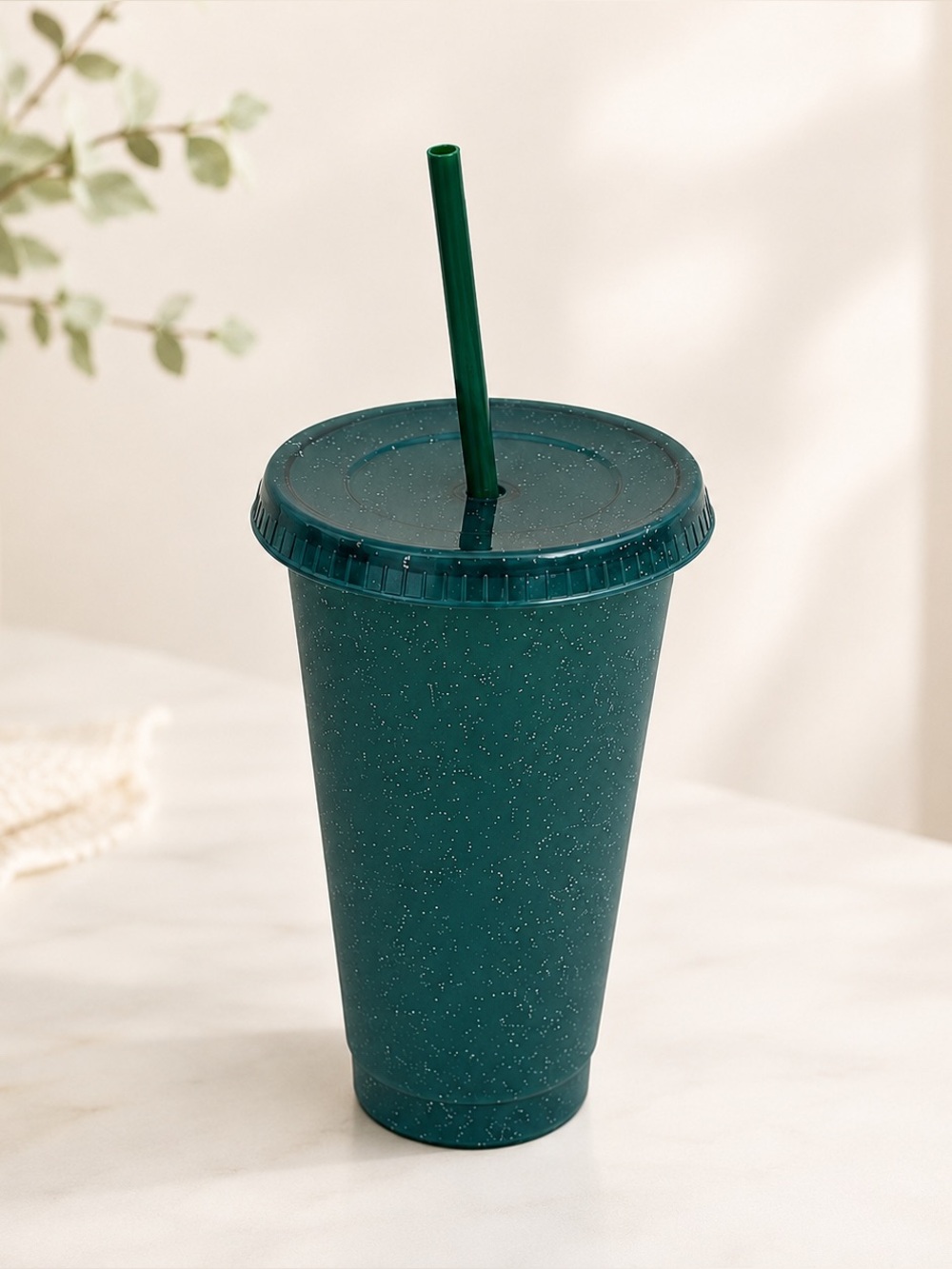 Glittery Dark Green Reusable Tumbler with Straw & Lid